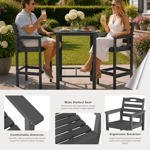 Image of Domi HDPE Adirondack Patio Table and Chairs Set of 3, Adirondack bar Height Outdoor Table and Chairs, All-Weather HDPE Outdoor Bar Set for Poolside, Patio, Backyard, Grey