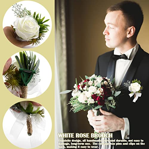 White Ivory Artificial Rose Wrist Corsage and Boutonnier Set - Image 2