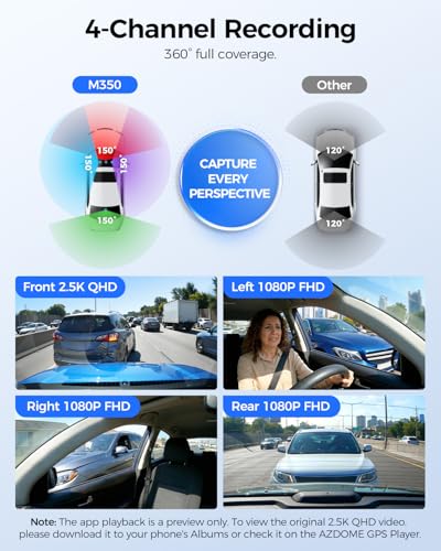 Image of AZDOME M350 4 Channel 360 Full View Dash Cam Front 2.5K,1080P Rear Left Right Camera for Cars, IR Night Vision Built-in GPS with Find My Voice Control, 5G WiFi,Supercapacitor,24 /7 Recording,