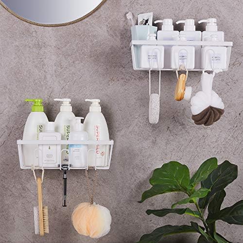 Shower Storage Stainless Steel Shower Caddy White 2 Packs Bathroom Accessory Set Shower Shelves with 3 Hooks for Hanging Razor and Sponge Kitchen Accessories No Drilling Shower Tidy for Bath, Kitchen