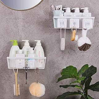 Shower Storage Stainless Steel Shower Caddy White 2 Packs Bathroom Accessory Set Shower Shelves with 3 Hooks for Hanging Razor and Sponge Kitchen Accessories No Drilling Shower Tidy for Bath, Kitchen