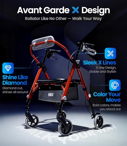 Image of VOCIC Z12 Walker for Seniors with Seat, 13.4 LBS Ultra Light, 350 LBS | Ergo Seat & Backrest for Comfort, Height Adjustable & Easily Foldable for Seniors, All Terrain Wheels, Silver