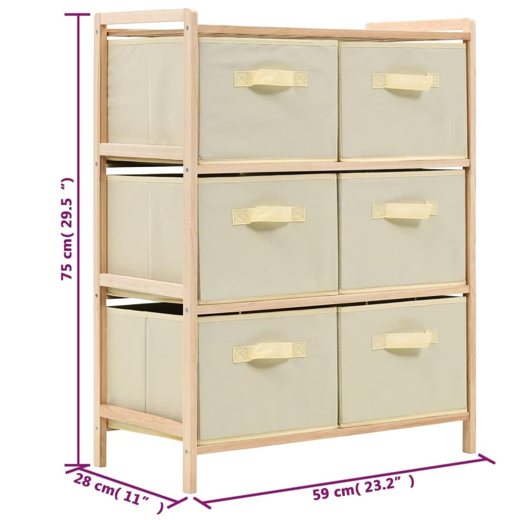 Cassettiera in legno di cedro con 6 cestini in tessuto, beige, 59 x 28 x 75 cm, armadio portaoggetti per ufficio, soggiorno, corridoio, organizer con scomparti e cassetti