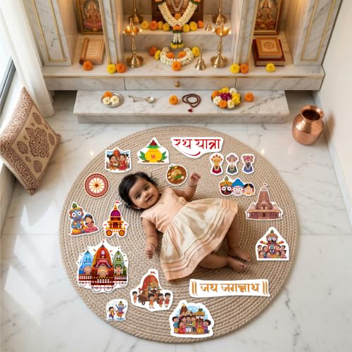 Image of Rath Yatra Theme Baby Photoshoot Props | Premium 250 GSM Card Paper Cutouts | 15+ Colorful Cartoon Chariot, Temple | Hindu Festival Decor for Newborns & Kids