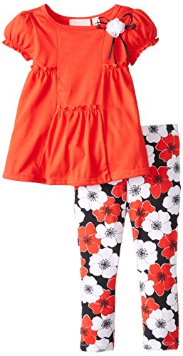 Kids Headquarters Girls' Red Tunic with Flower Print Leggings