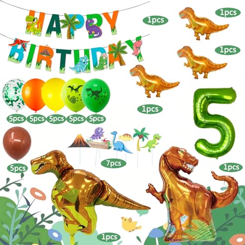 Image of Dinosaur Party Supplies for 5 Year Olds,Foil Balloons Set Birthday Party Decorations Kit Foil Balloons,Banner,Cake Toppers for Boys Girls Birthday Party
