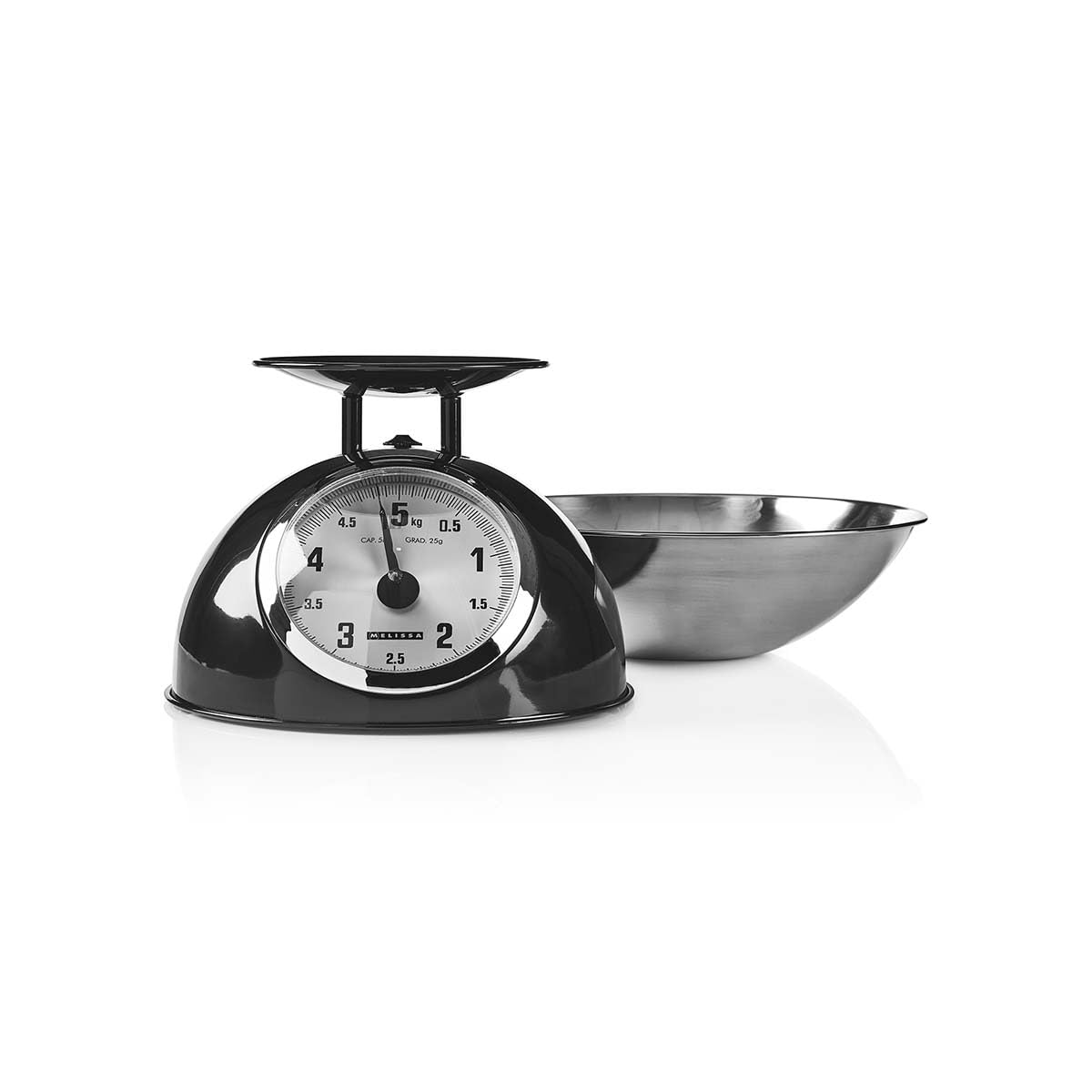 Melissa Mechanische Küchenwaage, Analog mit Edelstahlschüssel, Küchenwaage Digital, Waage Küche, Küchenwage, Küchenwaagen 5kg Kapazität, 25g Skalierung, Schwarz, Abnehmbare Schale, Metallgehäuse