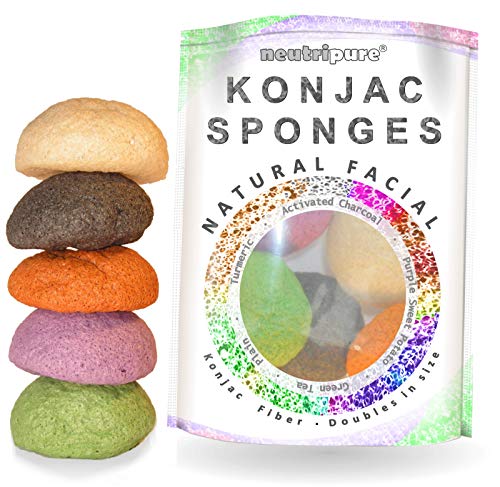 Konjac Sponge Set: Organic Skincare Facial for Natural Exfoliating and Deep Pore Cleansing 5 Piece Sampler Pack Infused with Charcoal, Red Clay, Tumeric, Green Tea by Konjac Lydia