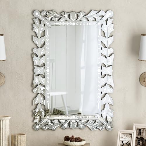 SHYFOY Espejo de pared veneciano – 90 x 59,5 cm Espejo decorativo rectangular para salón y dormitorio – Diseño artesanal con cristales