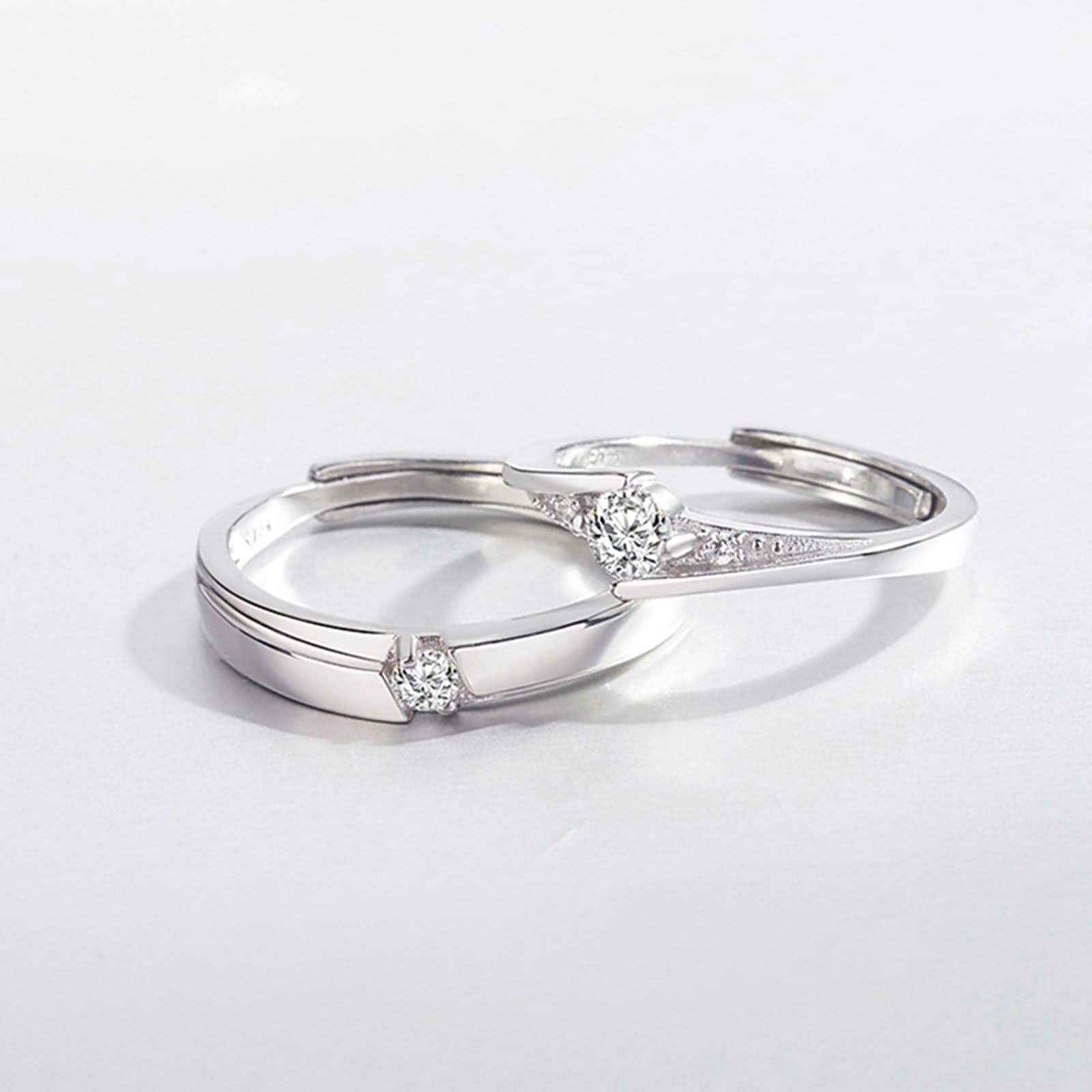 Verlobungsringe für Paare, Sterlingsilber-Ring-Set, klassisches Design, Silber mit weißem, rundem Zirkonia, verstellbar