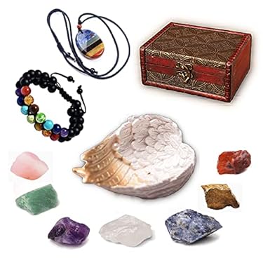 AMAZON - HJDFGSS 10 Packs Real Crystals and Healing Stones Jewelry Set for Beginners Positive Energy, Seven Chakra Spiritual Pendant Necklace & Bracelet, 7 Raw Natural Protective Stones & Resin Trinket Dish