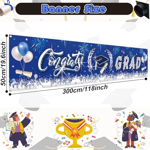 Image of Graduation Decorations, Graduation Banner 2026, Blue and Silver Banner, Large Class of 2026 Party Decoration, Congrats Grad Backdrop Yard Sign for Senior Commencement Indoor Outdoor Wall Yard 300*50cm