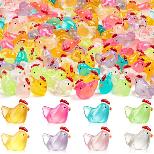 SYWHXY 64PCS Luminous Mini Chicken Figurines Resin Miniature Animals, 8 Colors Tiny Chickens Miniature Glow in The Dark for Dollhouse, Micro Landscape, DIY, Home Outdoor Party Decor