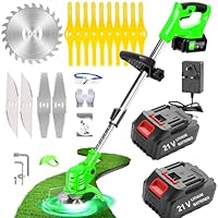 Cordless Strimmer, 21V Battery Strimmer with 2 Battery & Charger, Garden Strimmer Cordless With Metal Blades, Telescopic Lightweight Grass Trimmer Brush Cutter For Gardens, Lawns, Bushes