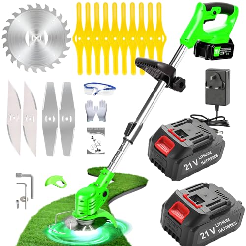 Cordless Strimmer, 21V Battery Strimmer with 2 X 2000mah Battery & Charger, Garden Strimmer Cordless With Metal Blades, Telescopic Lightweight Grass Trimmer Brush Cutter For Gardens, Lawns, Bushes