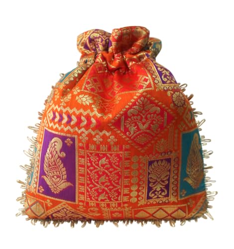 Image of MILAN'S CREATION Potli Banarasi Silk Brocade Bag Purse Drawstring Women's handbag with Pearl Handle & Tassel Weddings