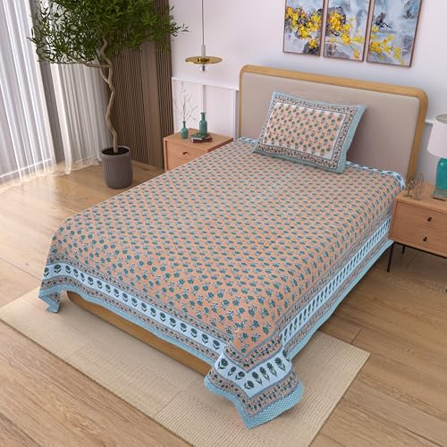 Image of 100% Cotton Single Bedsheet with 1 Pillow Cover | 240 TC Pure Cotton Flat Bed Sheet | Traditional Jaipuri Printed Bedding Set | Soft & Breathable | 60 x 90 Inch (Rangmahal Single 10)