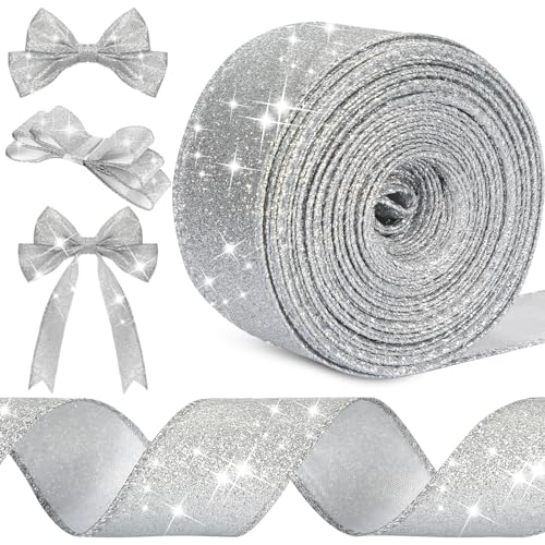 Syhood 20 Yard Glitter Ribbon Wired Edge Waterproof Sparkly Garland for Gifts Wrapping Cards Crafts Wreaths Holiday Decoration(Silver 1.5 Inch X 20 Yard)
