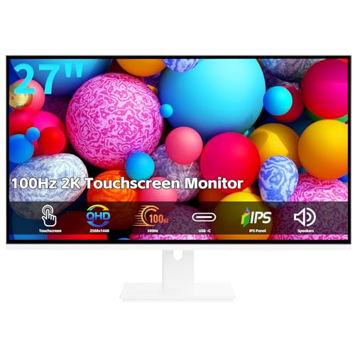Pisichen Touchscreen Monitor 2K 27 Inch IPS Gaming 100Hz 10-Point Touch QHD 2560x1440 PC Display HDMI VGA USBC Computer Monitor Built-in Speakers White