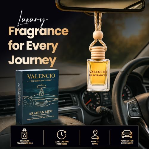 Image of Valencio Luxury Car Perfume Arabian Mist - Saffron & Rose Hanging Diffuser | Fragrance Inspired by Body Perfumes | Oud-Inspired Car Scent | Essential Oils | Up to 45 Days