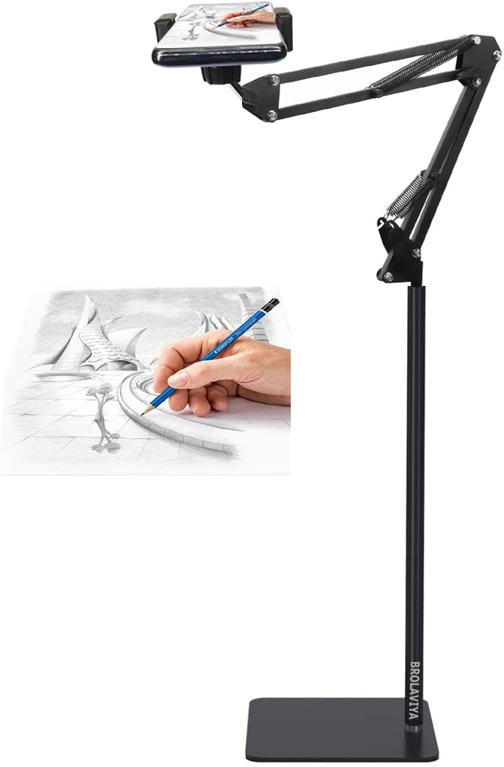BROLAVIYA Tripod Floor Stand for 4-11 Inch, Both Mobile and Tablet, for Overhead Video, Watching Movie, Online Class Learning, Cooking, Color - Black