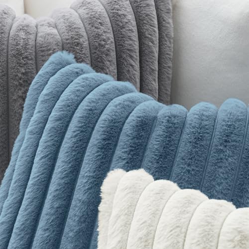 Image of MIULEE Faux Fur Decorative Throw Pillow Covers 24x24 Set of 2 Grey Blue | Coastal Modern Art Spring Home Decor Soft Plush Couch Pillows Cozy Fluffy Cushion Covers for Sofa Bed Living Room