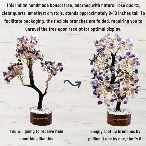 Image of Certified Rose Amethyst Clear Quartz Crystal Tree for Good Luck - Healing Crystals Money Tree for Wealth, Positive Energy at Home Office - Decorative Spiritual Gifts for Vastu, House Warming
