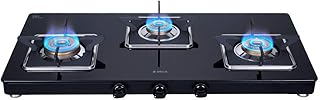 Elica Slimmest 3 Burner Gas Stove 773 CT VETRO (Slim Line SPF) Forged Brass Burners Square Enameled Grid Toughened Glass Top Manual Ignition Black