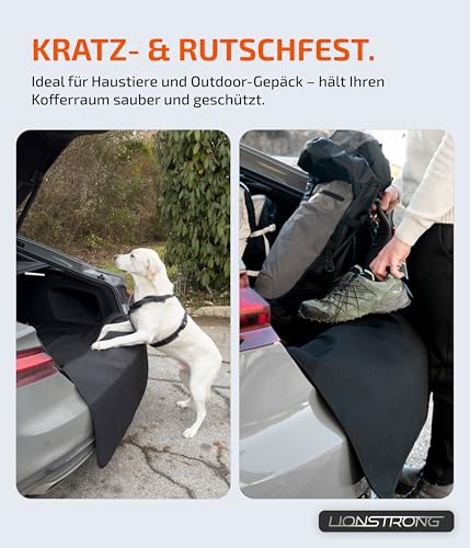 LIONSTRONG® Ladekantenschutz Kofferraum [GEPOLSTERT & WASSERDICHT] – Universelle Schutzmatte geeignet vom Kleinwagen bis zum SUV – Kofferraumschutz Auto Hund – Kratzfest und rutschfest