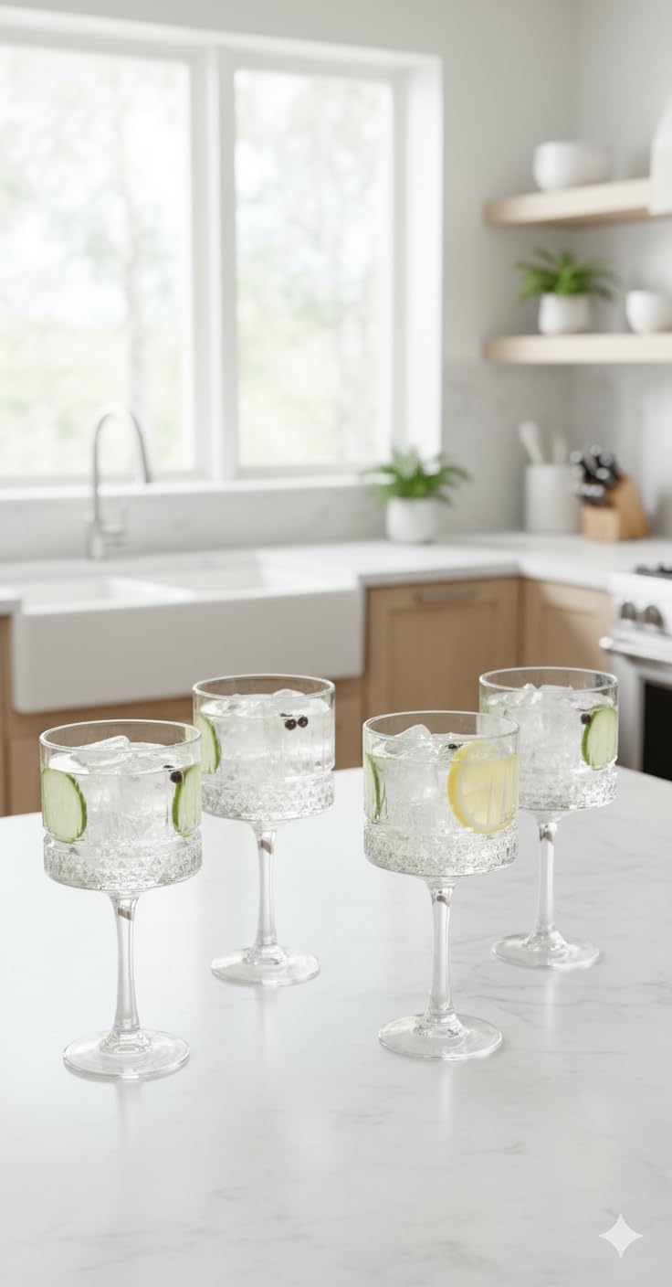 ROZADIO Set of 4 Modern Cut-Glass Stemmed Goblets (500ml) - Textured Highball/Wine Glass - Crystal Look Stemware for Cocktails, Spritzers, and Aperitifs
