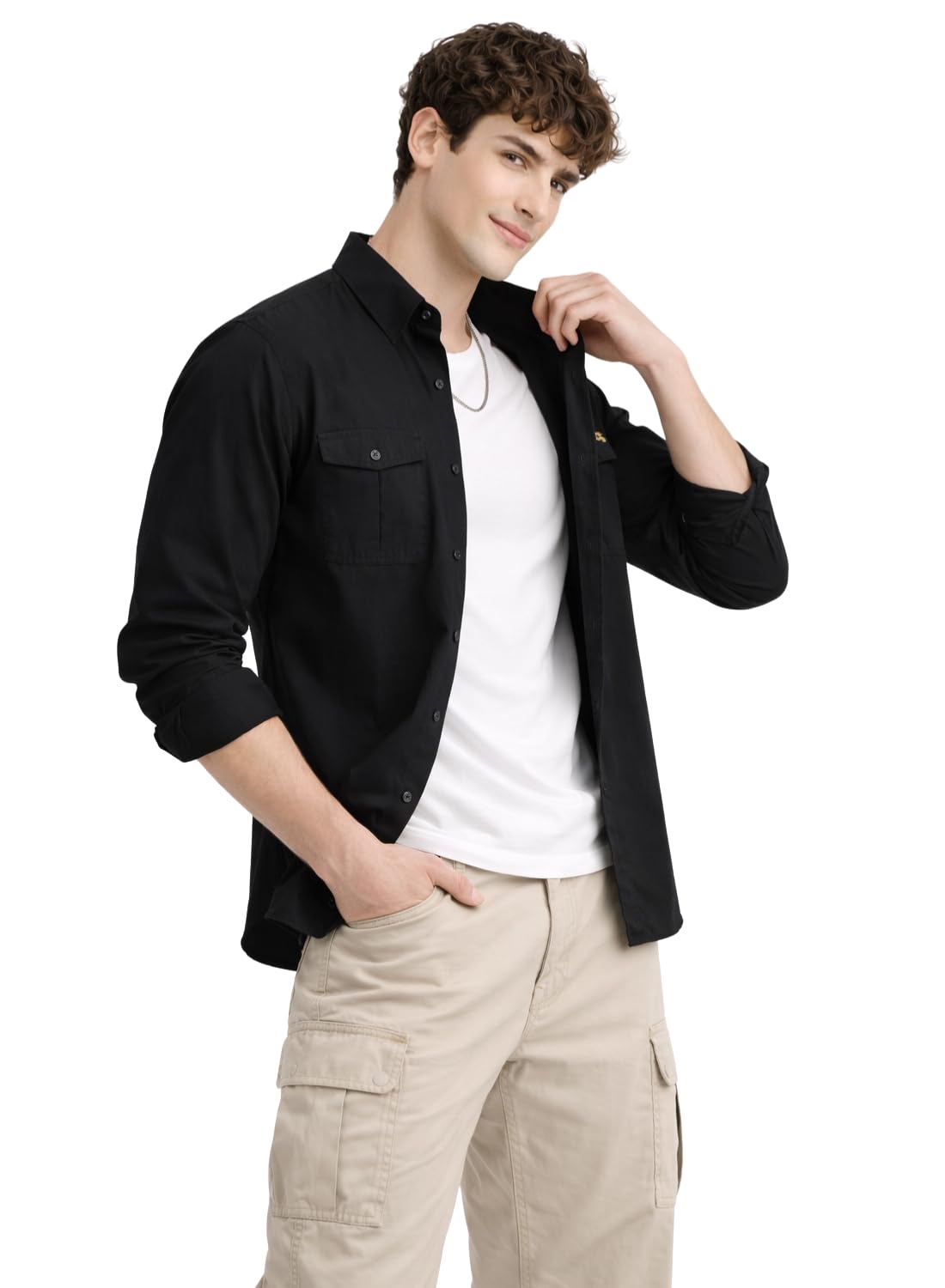 ADRO Camicie cargo da uomo in vestibilità regolare, tessuto twill di cotone di alta qualità, doppie tasche sul petto, camicia in stile shacket tinta unita