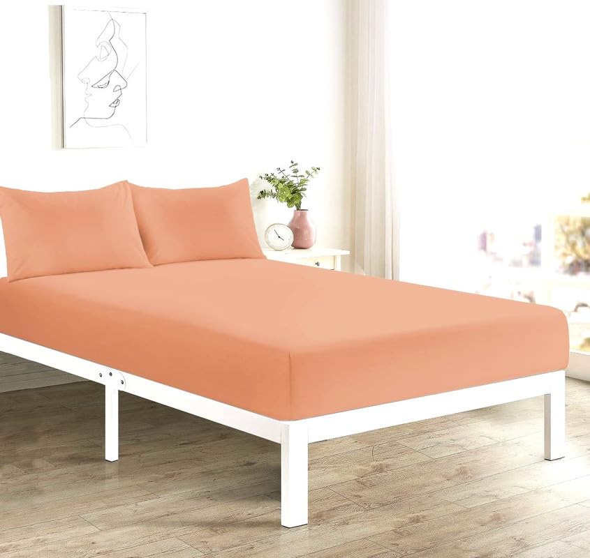 L S U Supersoft Duvet Cover Set Easy Care Bedding Fitted Sheet and Pillowcases in 22 Colours and Single, Double, King, and Super King Sizes (FITTED SD peach)