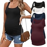 Ekouaer 4 Pack Maternity Tank Tops Ribbed Summer Pregnancy Shirts Ruch Side Tops Casual Square Neck Postpartum Clothes Black/Dark Red/Navy Blue/White L