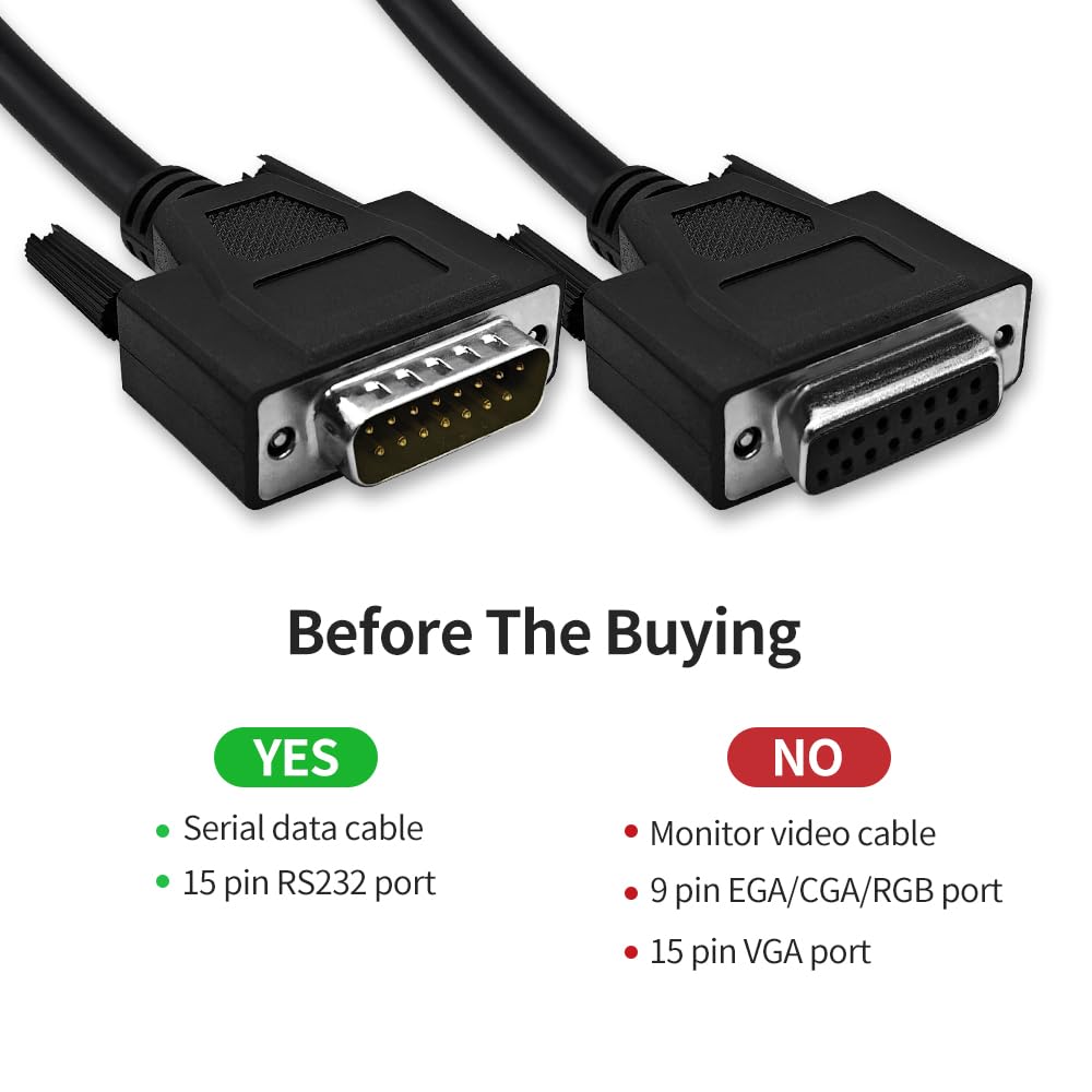 XANHAM 5 Feet(1.5 Meter) DB15 15 Pin Two Row Straight Through Serial Extension Cable, Double Shielded(Metal Braiding&AL-foil), Female to Male, Black, SC910S07FM