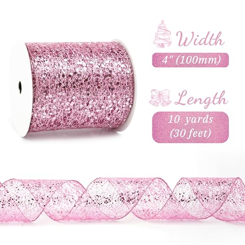 LIZLOVESS Pink Glitter Mesh Wired Ribbon 4 Inch, 10 Yards by LIZLOVESS - Used condition - Image 2