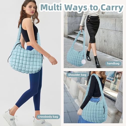 Image of Quilted Tote Bag Hobo Bags for Women Slouchy Tote Bag Puffy Crossbody Bags Light Blue
