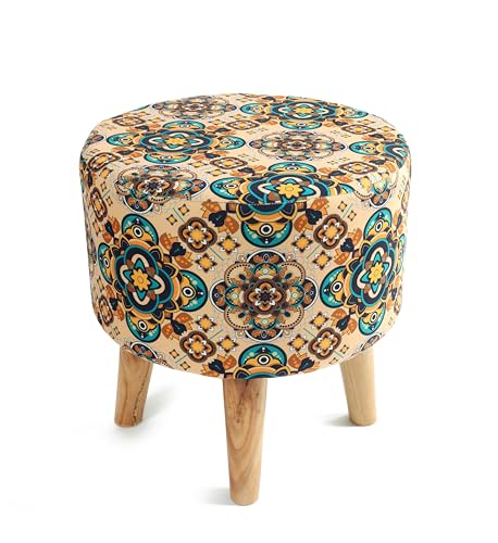 Image of NACIA Velvet Printed Ottoman Chair with Stool Combo | Dressing Table Chair for Bedroom Makeup Room Decor | Modern Upholstered Ottoman with Wooden Legs for Home (18x18x32 Inches, Green Buta)