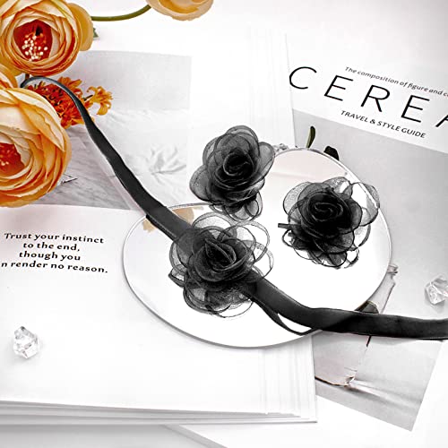 Palotay Flower Choker Necklace Flower Earrings Black Velvet Flower Choker Rose Choker Big Flower Choker Necklace Camellia Flower Lace Choker For Women Girls Bride Wedding Party Summer Necklaces Black A #TOP5