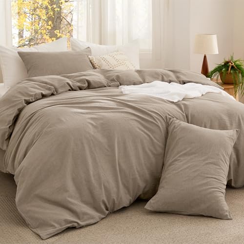 Image of Bedsure Comforter Set Full Size - Cotton Fabric with Microfiber Inner Fill, Taupe PureWoven Soft Bed Set for All Seasons, 3 Pieces, 1 Comforter 1 Comforter (82 inch x 86 inch) and 2 Pillow Cases (20 inch x 26 inch)