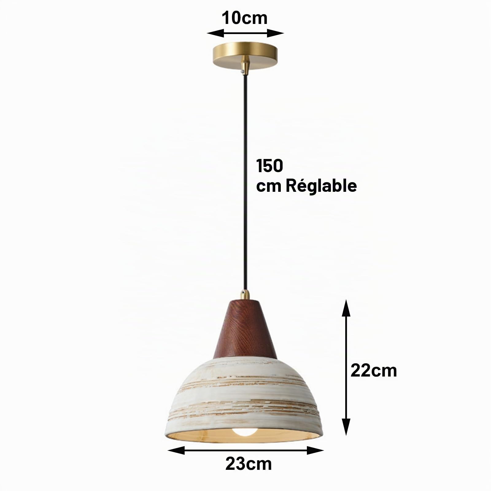 Suspension en céramique rustique avec finition bois, douille E27, câble réglable 150cm, luminaire vintage Japandi pour salon, chambre, salle à manger ou café (23cm)