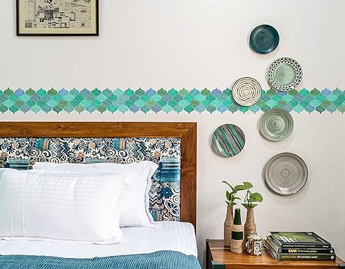 Image of WallDesign Mosaic Lantern Blue Green Shades - 6.25 in X 10 Ft Self-Adhesive Tile Sticker Sheet for Decoration of Kitchen, Bathroom, Furniture, Door, Living, Ceiling