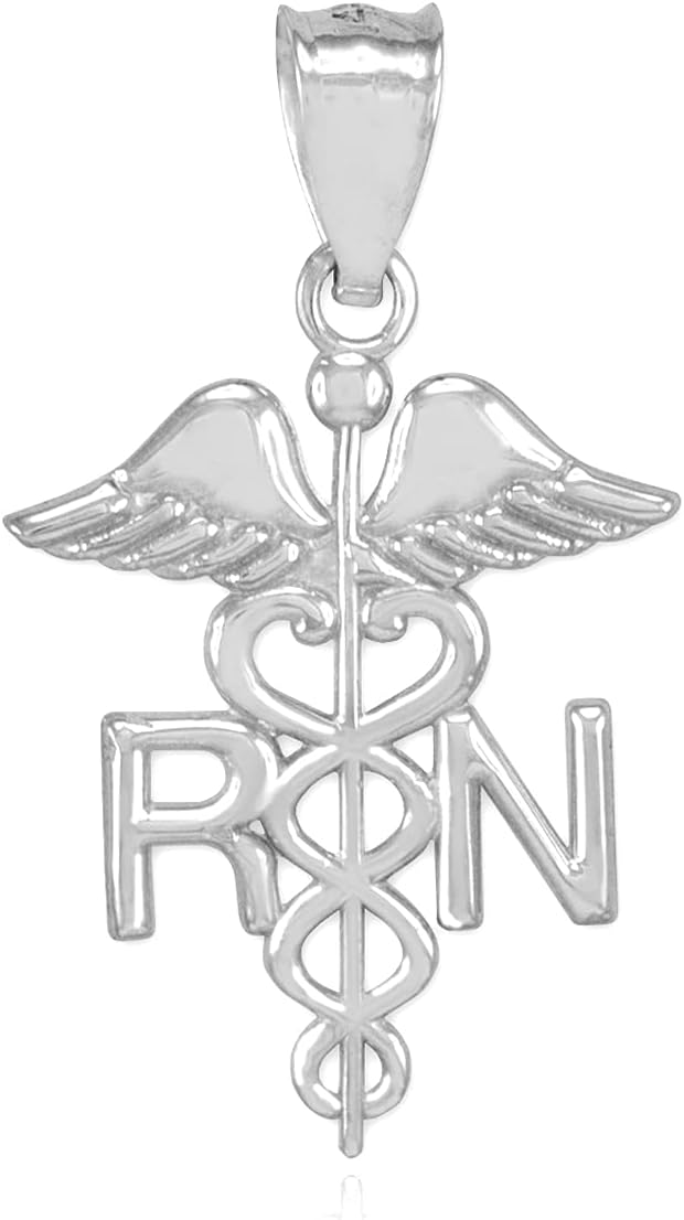American Heroes Certified 14K Yellow, White, or Rose Gold Caduceus RN Charm Registered Nurse Pendant - Choice of Metal