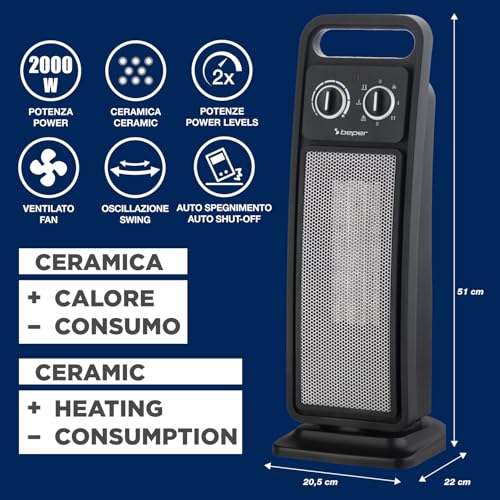 BEPER P203TER002 Termoventilatore Ceramico a Torretta, Stufetta Elettrica 2000W con Oscillazione Automatica, Termostato Regolabile, 2 potenze, Sicuro con Autospegnimento - Immagine 1