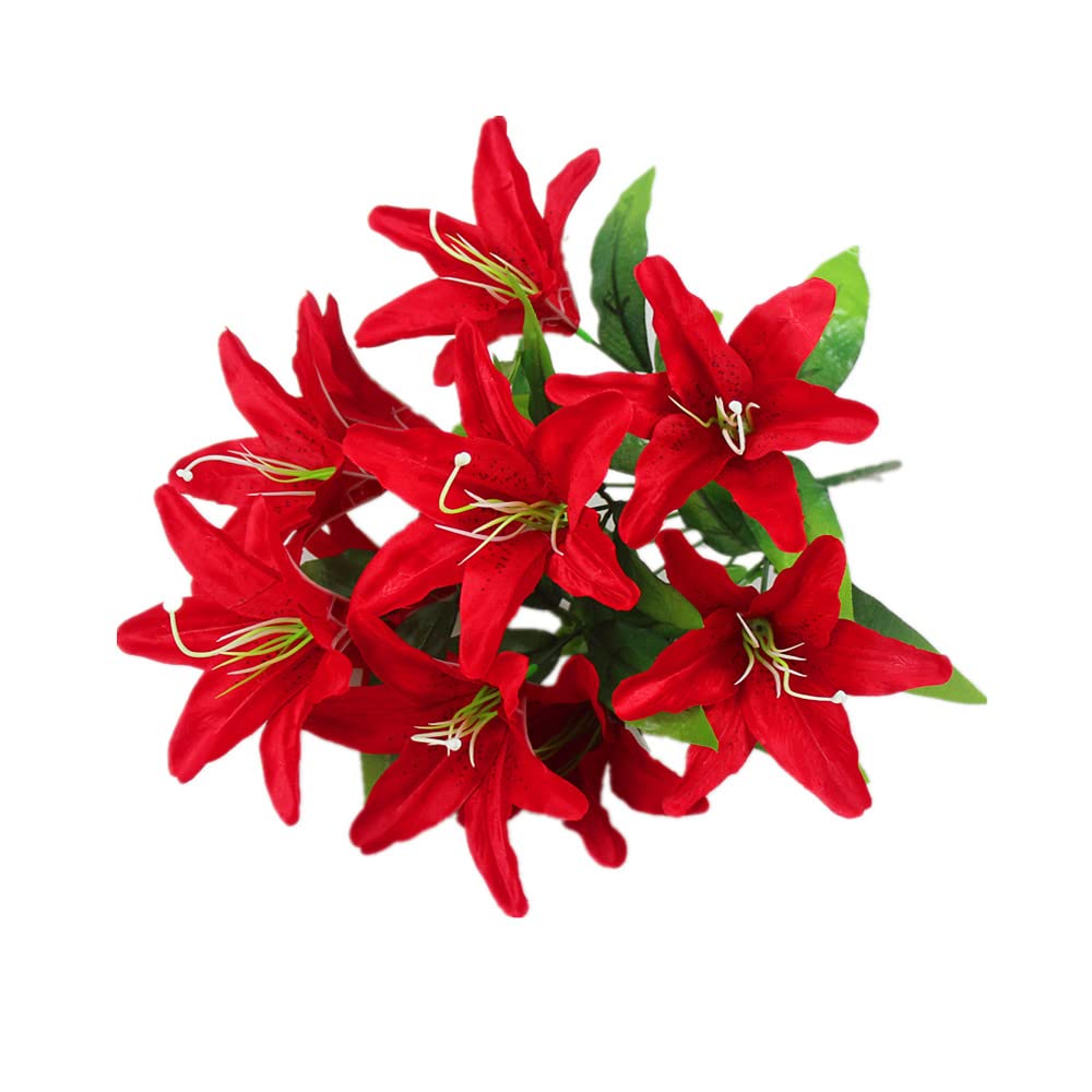 Bo Wawa 5 Pieces Simulated Lily Bouquet 10 Heads Small Tiger Orchid Wedding Celebration Living Room Decoration Props Fake Flowers (Red)