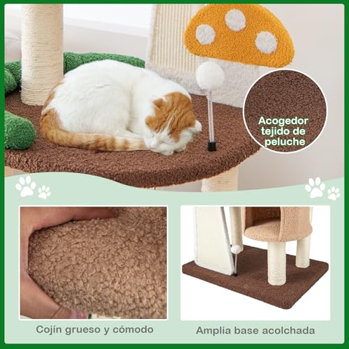 GOPLUS Árbol de Gato con Forma de Seta, Árbol Rascador con Postes de Sisal Completamente Envueltos, Tabla para Rascar y Bola de Resorte, Torre de Escalada con Condominio y Plataforma (146 cm) 2 Deja que tus gatos se diviertan: este árbol de gato de varios niveles crea un centro de actividad divertido y atractivo para que tus amigos felinos suban y salten y observen, así como bolas de juguete interactivas para fomentar la alegría y el ejercicio.
Espacio de descanso cómodo: toda la torre para gatos está cubierta de un tejido suave y cómodo para dar a tu gato una sensación cálida y acogedora. 2 condominios privados cuentan con un suave acolchado interior, creando un espacio acogedor y agradable para que los gatos se enrollen y descansen.
Postes de sisal y tablas de rascar: Diseñado con tablas de rascar de sisal natural y postes de sisal completamente envueltos para satisfacer los instintos naturales de los gatos. Sus amigos peludos pueden usarlos para promover un cuidado saludable de las garras, protegiendo así sus muebles de sus garras.