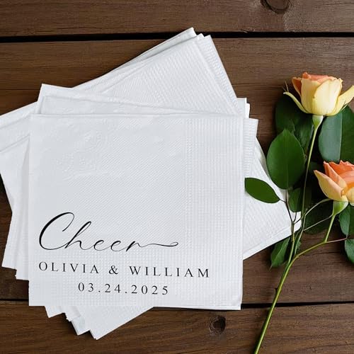 Image of Personalized Cocktail Napkins Wedding, Cheer Mr Mrs Name Couple, Pack 50 100 150 300 500 Anniversary Party, Disposable Decoration Initials Beverage Bar Reception Cocktail Luncheon Dinner, Golden 2