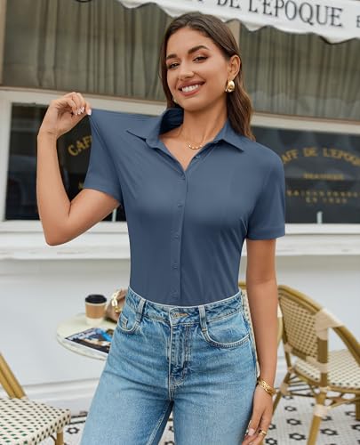 Image of Gleeivy Women's Slim Fit Button Down Shirt Stretch Short Sleeve Wrinkle-Free Work Blouse for Business Casual Office