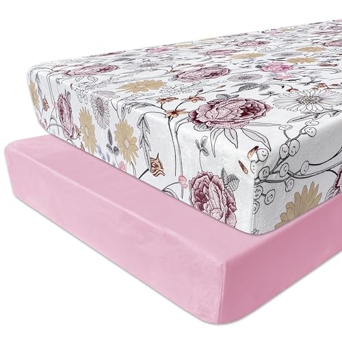 Image of AMROSE 2 Pack Microfleece Crib Sheets, 28'' X 52'' Flannel Fleece Crib Fitted Sheets for Crib and Toddler Mattress Pad, Soft Comfy Warm Crib Sheets for Girls, Floral