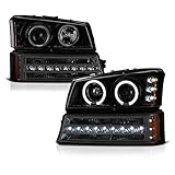 VIPMOTOZ Black Smoke LED Halo Ring Projector Headlight + LED Strip Front Bumper Parking Turn Signal Lamp Housing Assembly Replacement For 2003-2006 Chevy Avalanche Silverado 1500 2500 3500