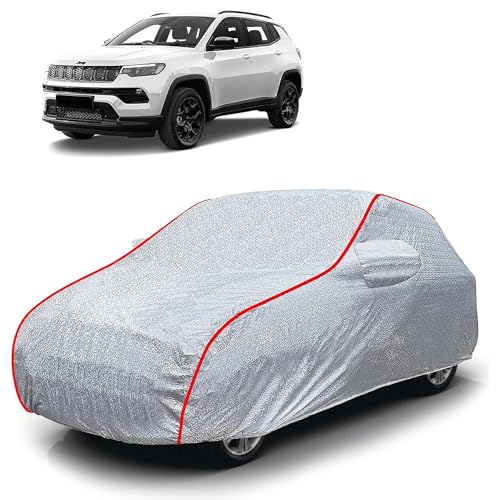 Image of Sulfar 100% Waterproof Car Body Cover Compatible with Mirror for Jeep Compass (Triple Stitched, Full Bottom Elastic, Magic Silver with Red Piping)